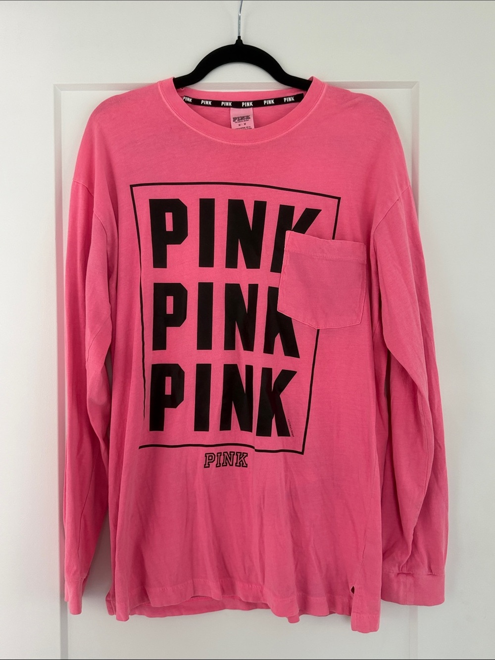 PINK Victoria's Secret Hot Pink Long-Sleeve Graphic Tee with Pocket